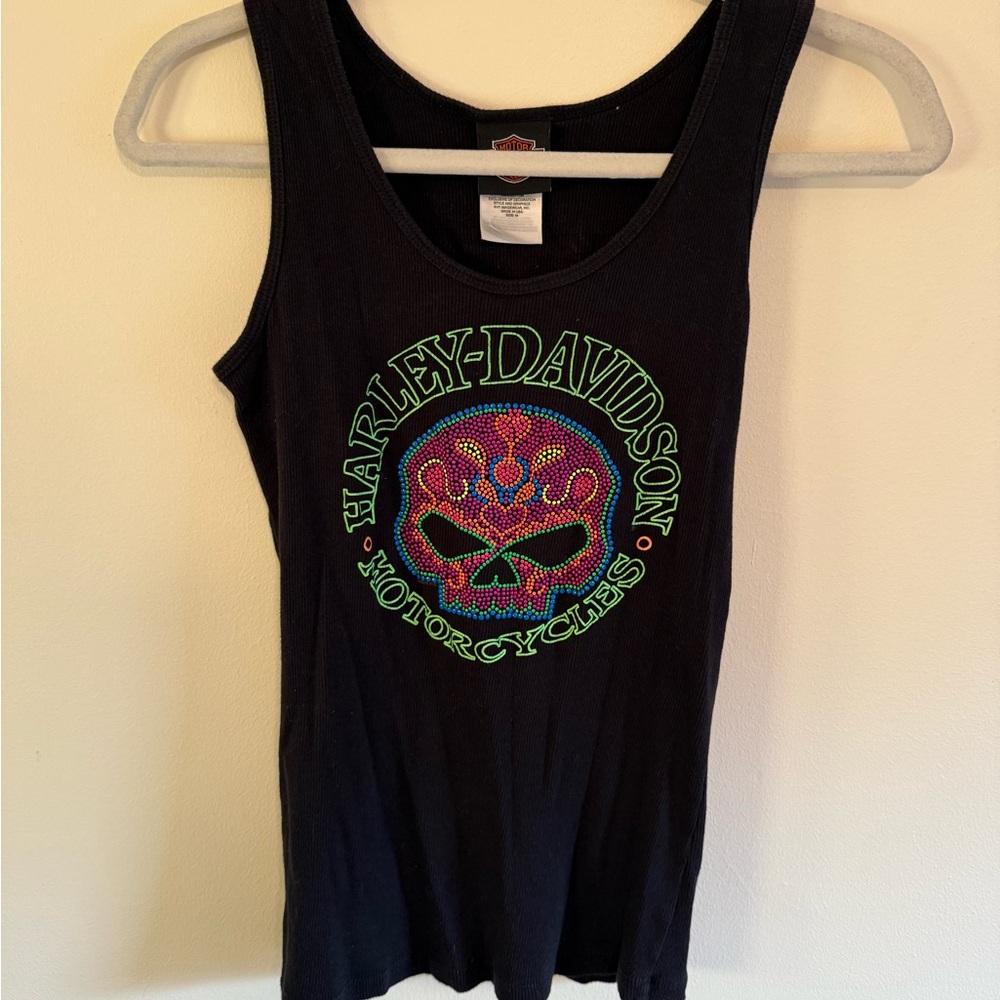 Harley-Davidson Black Tank Top with Colorful Skull Design